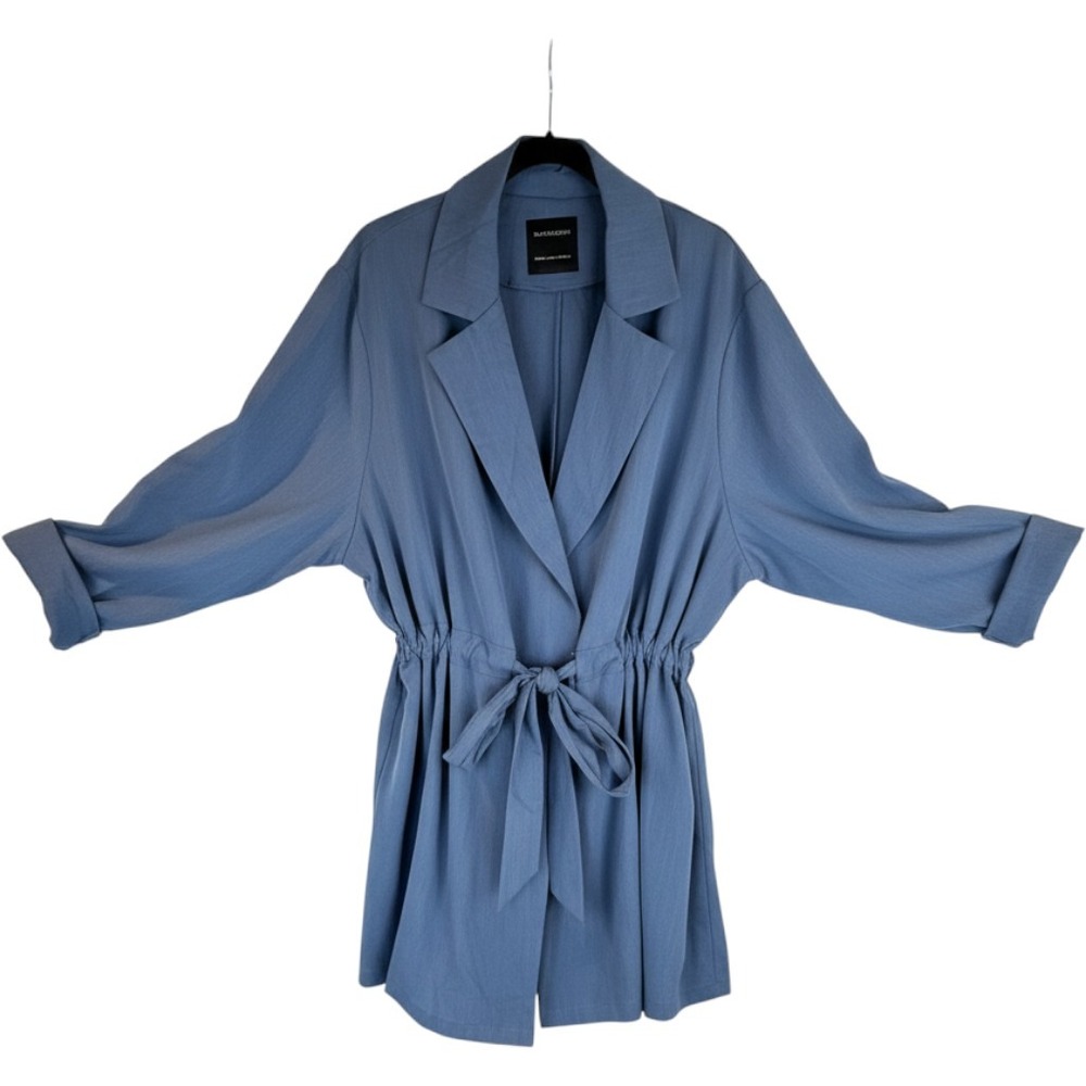 Bloomchic Women Blue Drawstring Tie Waist Notch Lapel Wrap Jacket Size 22-24